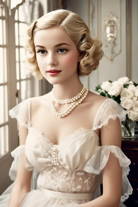 1girl, 1930 elegant french style, blonde, pearl necklace, dreamy lace and tulle