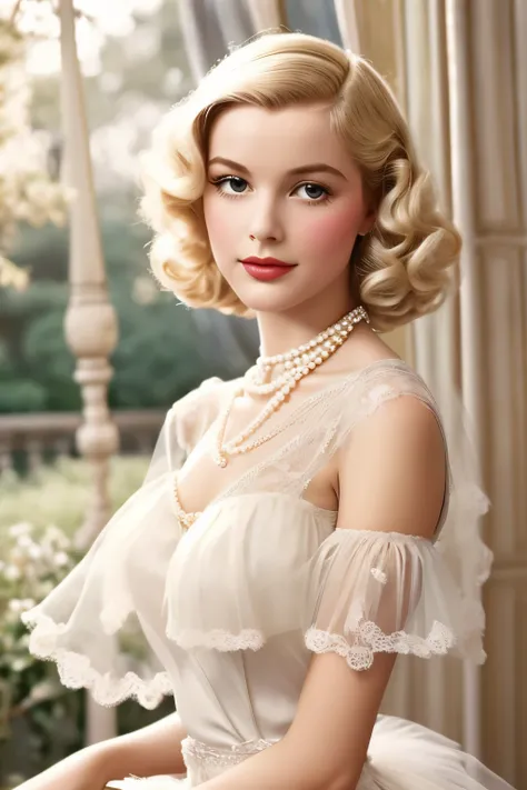 1girl, 1935 elegant french style, blonde, pearl necklace, dreamy lace and tulle