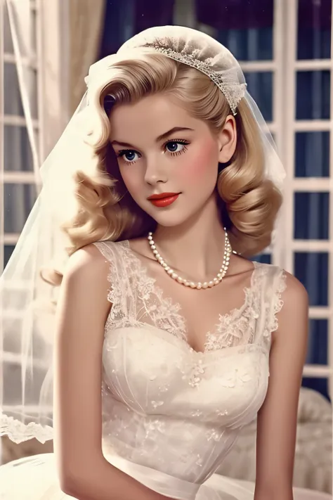 1girl, 1940 elegant french style, blonde, pearl necklace, dreamy lace and tulle