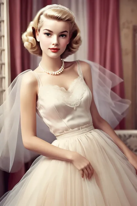 1girl, 1950 elegant french style, blonde, pearl necklace, dreamy lace and tulle