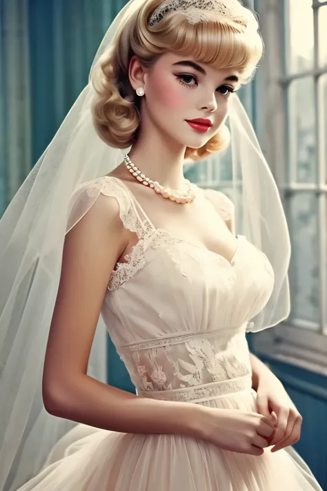 1girl, 1960 elegant french style, blonde, pearl necklace, dreamy lace and tulle