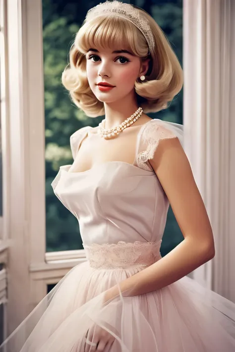 1girl, 1965 elegant french style, blonde, pearl necklace, dreamy lace and tulle