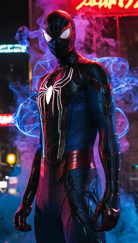 A breathtaking, cinematic science fiction portrait of a futuristic Spider-Man, encased in a cutting-edge suit that melds sleek design with advanced technology. The suit is primarily a dark metallic blue, accented with sharp, angular lines of black and chro...