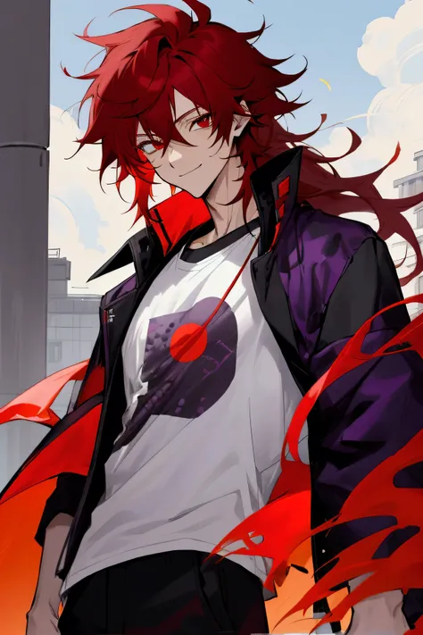 1male, red hair, happy expression, modern clothing, black shirt, purple jacket, black pants, red eyes, perfect eyes, messy hair, sun in background, fair skin, closed shirt, longer hair, tee shirt, baggy pants, black jacket over shirt, japanese clothes, per...