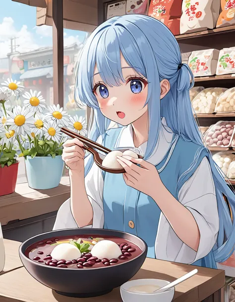 Light blue long hair、Twin-tailed Girl、Eating sweet red bean soup with large, stretchy white mochi、Cute anime manga style, A shop decorated with daisies