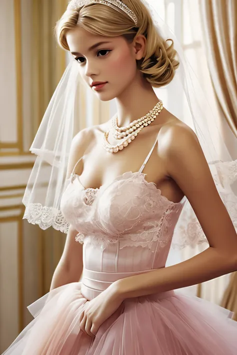 1girl, 2005 elegant french style, blonde, pearl necklace, dreamy lace and tulle