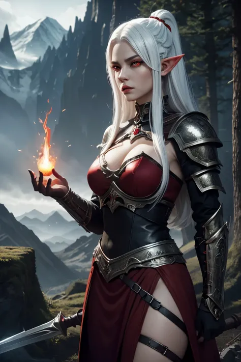 hell elf woman, Sensual, light skin, night, dark, linda, white hair, red eyes, black clothes, brilliance, hyperrealistic, conceptual art, medieval, epic, Fantasy, Princess, warrior, forest, mountains, 2.5d cgi