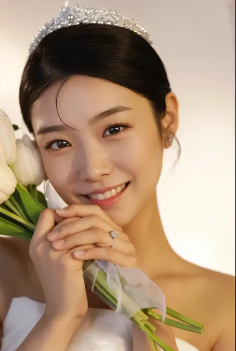 An Arad woman in a white dress holds a bouquet of flowers, beautiful Korean women, Gorgeous young Korean woman, Beautiful young Korean woman, Lee Ji-eun, lee ji eun, gongbi, gorgeous chinese models, female actress from korea, Choi Hyun-hwa, hwang se - on, ...