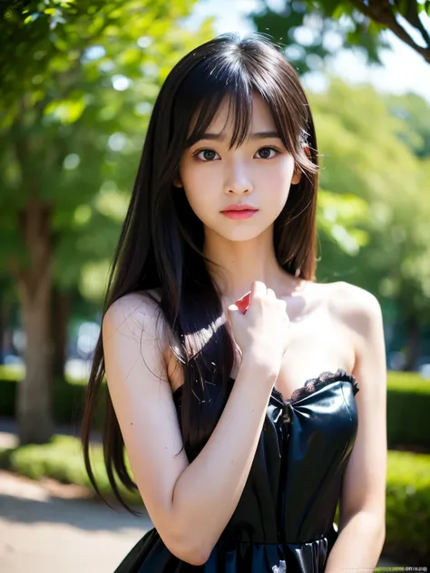 (Best-quality, Masterpiece, Ultra-High-Resolution, (Photorealistic:1.4), Raw Photo, depth of field, professional lighting), (1girl, ((15-years-old)), the most famous Japanese-idol), standing at park, (((looking at viewer))), ((wearing the most expensive dr...