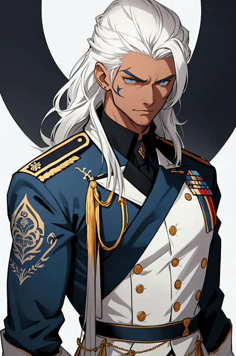 Create a beautiful and charming young general movement, He is perfect, brave, statuesque, Handsome, He has long white hair, Tanned skin, Wearing a blue military uniform, He has a tattoo with a symbol on his neck,Looks scary and sexy, Attractively, Place it...