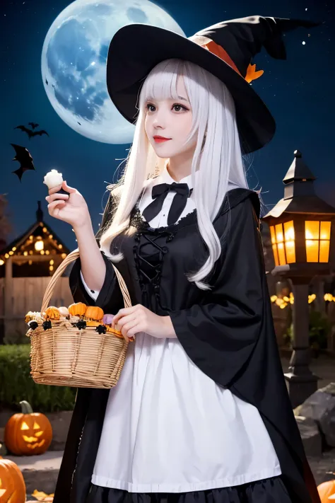 A white-haired girl dressed as a witch holding a basket of sweets on a Halloween night with beautiful stars and moon