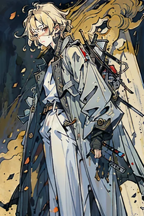 ((better quality)), ((masterpiece)), (detailed), ,curly-haired blond swordsman wearing a trench coat