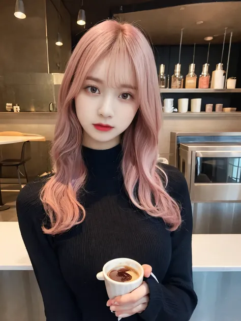 Pink-haired beauty 20 years old I cup black tight sweater Korean background black light lip gloss curly hair，Selfie in the cafe