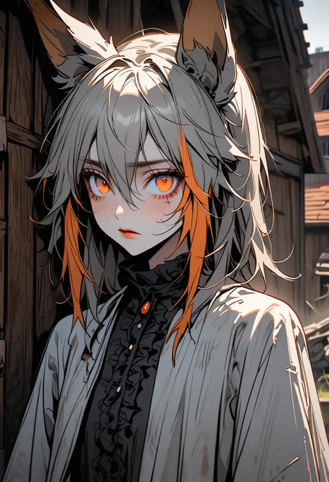 solo, female, coyote girl, canine ears, dressed in rags, grey fur with orange highlights, close up, orange eyes, small, weak, furred claws, small breasts, slight build, homeless, Victorian, barn