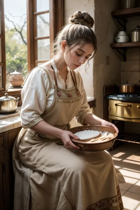 **A stunning 20th century inspired painting capturing an older woman in the garb of a traditional Mexican cook, meticulously crafting delicate desserts in a traditional sunlit kitchen. The woman’s outfit is adorned with intricate regional lace and embroide...