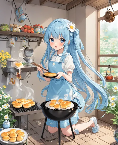 Light blue long hair、Twin-tailed Girl、Place a grill on the brazier、Roasting rice cakes、The rice cakes are swelling on the wire rack、Cute anime manga style, A room decorated with daisies