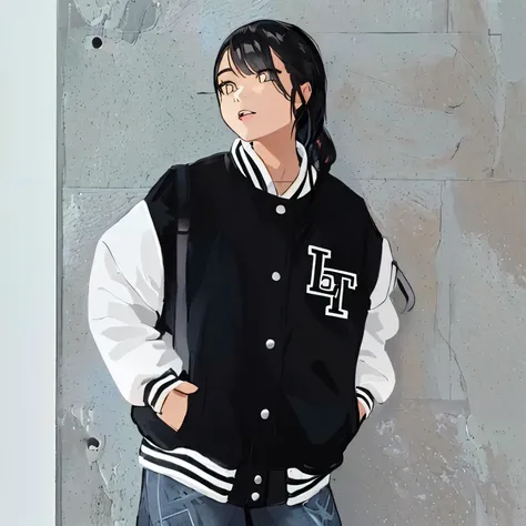 aradebted woman in a black and white jacket standing against a wall, ( Ivory Black ), Lookbook, jacket, Streetwear, access, bomber jacket, 17 meters, Look, short jacket, she is wearing Streetwear, vampire, black bomber jacket, debt / 2 0, lodebttis, liosh,...