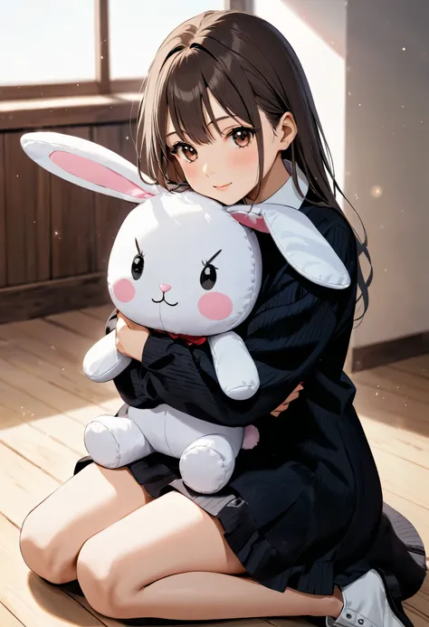 girl sitting on knees hugging plush bunny