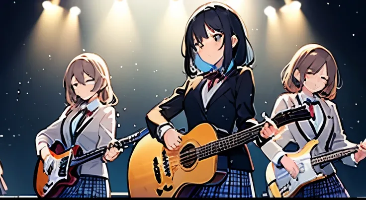 3girls wearing blazer plaid skirt,playing guitar and playing base guitar and playing drums,on stage