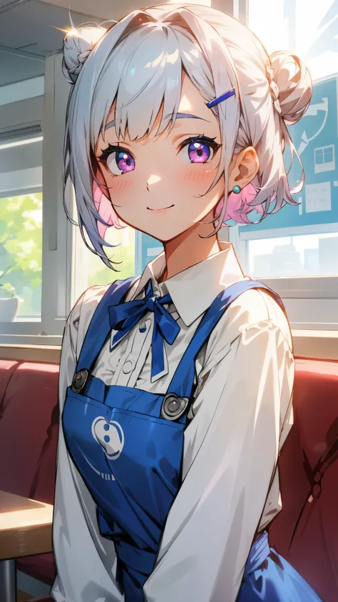 1 girl、White blouse、Blue Apron、Upper body close-up、Silver and bob short hairstyle、Hair in a bun with a hair clip、Glowing pink round eyes、smile、Apron appearance、((indoor、morning、Cafe))、Sharp contours