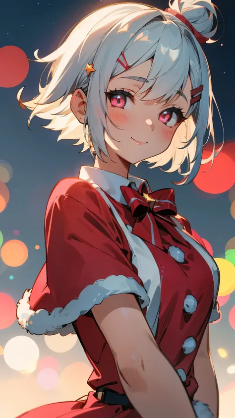 1 girl、Silver and bob short hairstyle、Hair in a bun with a hair clip、Glowing pink round eyes、smile、Upper body close-up、Christmas、Dressed as Santa Claus、Red and green based colors、Starry Sky、Night street lights background、Sharp contours