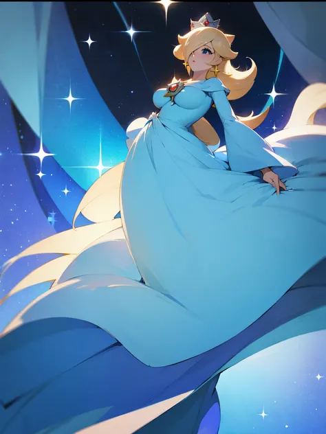 princesa rosalina, blue dress, big breasts, adult body, starry sky, semblante angelical
