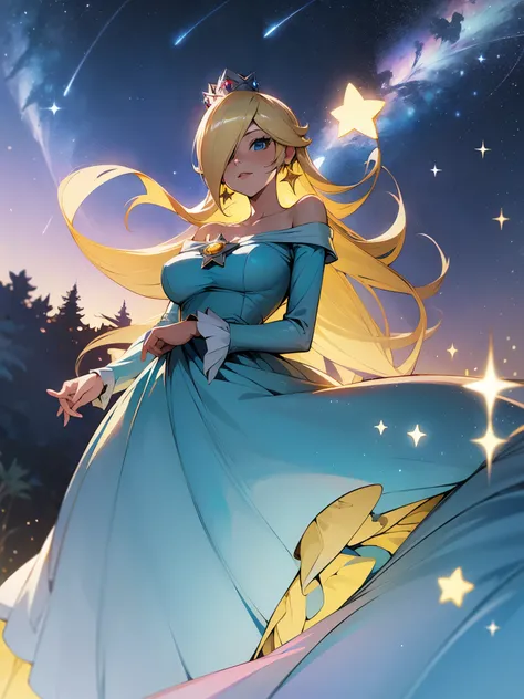 princesa rosalina, blue dress, big breasts, adult body, starry sky, semblante angelical
