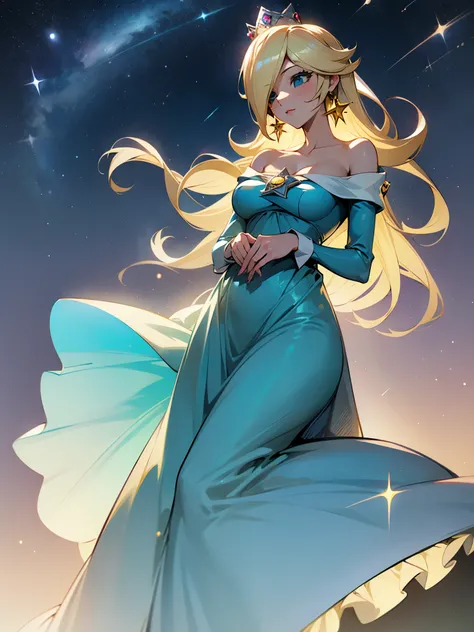 princesa rosalina, blue dress, big breasts, adult body, starry sky, semblante angelical
