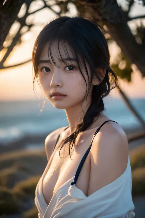 Hair blowing in the wind、Sweaty skin、Sweaty hair、wet clothes、Sunrise Coast,A cute girl with a face like a Japanese idol, short hair, Slender body、Narrow shoulders、athlete、Dramatic lighting、(Cinema Lighting),(Natural Light),(High Artistic Quality),(Artistic...