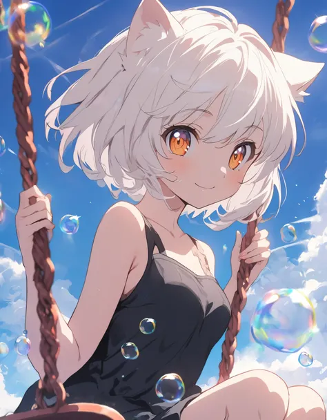 1 girl, (anime style), (close), (Small body), (Pink Cheeks), (cute cat ears),white Hair, Smile, (Short Bob Hair:1.4), orange eyes,  ((Ride on the swing)), Lots of bubbles, (beautiful sky Background)