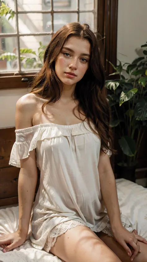 Confident and comfortable, Sexy and alluring young teen lady (photorealism:1.2), redhead with freckles, Bare shoulders, beautiful woman, sitting on bed, wearing loose off-shoulder lace and silk sexy nightgown, long curly hair, indoors, soft lighting, plant...