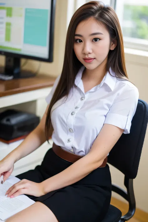 a young woman sitting at an office desk, holding a pen and writing on a document. she has long brown hair, is wearing a thai uni...