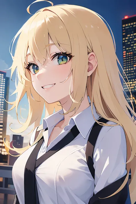 profile、upper body,
(pale skin: 1.2),  shiny skin, shiny hair、
(A 2 woman with medium-length hair and bangs) and (wavy hair) and (Blonde Hair) and (green eyes) , 
(white collared shirt) ,Standing、
(grin smile:1.3),The background is the city、(alone:1.5)