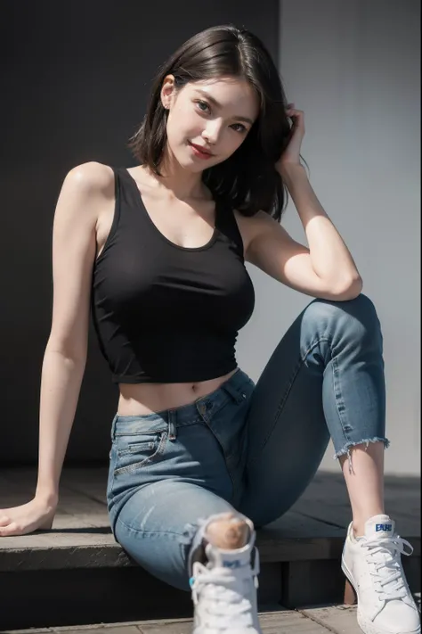 1girl, 28years old, white skin, short straight brown hair, blue eyes, beautiful face, happy, slim, (beautiful smile), looking at camera, standing, wearing black jeans, white sleeveless shirt, semi-transparent blouse, wearing black sneakers, best quality, m...