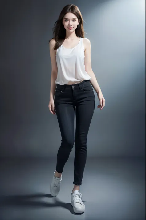 1girl, 2, white skin, short straight brown hair, blue eyes, beautiful face, happy, slim, (beautiful smile), looking at camera, standing, wearing black jeans, white sleeveless shirt, semi-transparent blouse, wearing black sneakers, best quality, masterpiece...