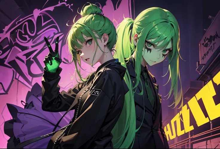 girl, green hair, violet skeleton suit, gangsta gesture, pervert expression, halloween style, graffiti skull background, fluor green light details, comic style background.
