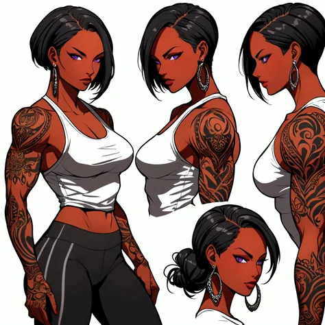 comics style,young woman with red skin but black hair cut in a braided bob ,and purple eyes puts on a streetwear . Athletic body , muscular arms,She is tall,earrings, street tattoos , legging 
,sketch , concept sheet, various hairstyle