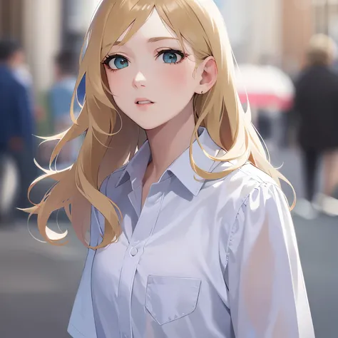 (looking away:1.5),side angle,upper body,
(pale skin: 1.2),  shiny skin, shiny hair、
(A 2 woman with medium-length hair and bangs) and (wavy hair) and (Blonde Hair) and (green eyes) , 
(white collared shirt) ,
surprised,The background is a busy street、(alo...