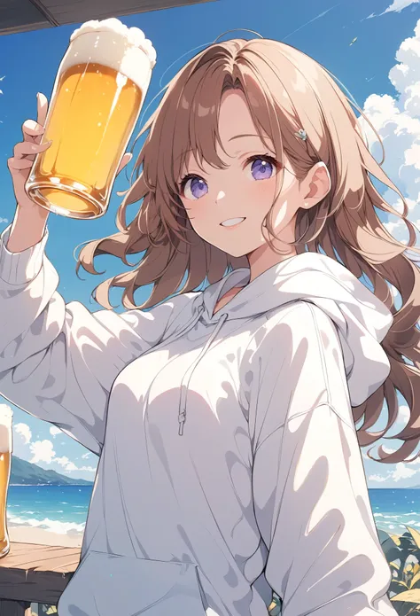 Brown hair, woman in her 30s, shoulder-length semi-long light wavy hair, delicate hair, anime illustration, white hoodie, smile, beer, masterpiece, best quality, extremely detailed CG unity 8k wallpaper,