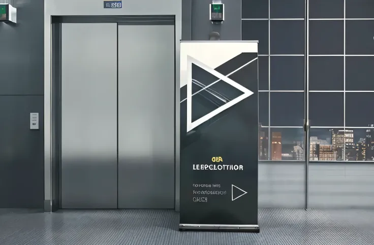 Hyper realistic image of an elevator with a banner standing next to it, photo closest to real.