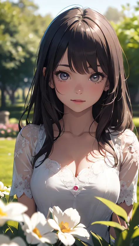 a beautiful girl in a garden, intricate detail, incredibly shallow depth of field, realistic depth of field perspective, photo-like subject depth, realistic depth of perception with bokeh, full body shot, focused on the eyes, dynamic