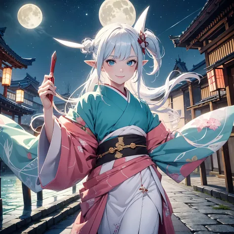 masterpiece , better quality , median body , left eye blue , green right eye , white skin , elfo, Pointy ears , a kind look , pink kimono, loving smile , bloody , holding a sickle in his right hand , looking at the viewer , ancient japan, empty street, bri...