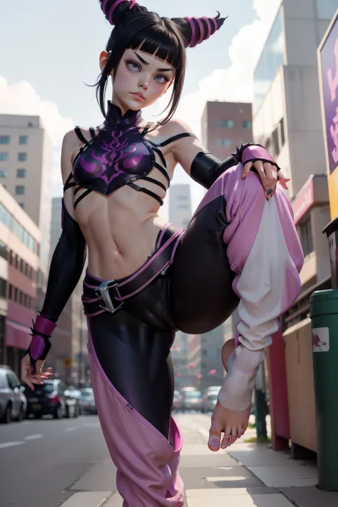 mantis x, jurims, juri han, sfiv, hair horns, white baggy pants, purple pink pantyhose, bangs, purple eyes, (open toe foot), 1gi...