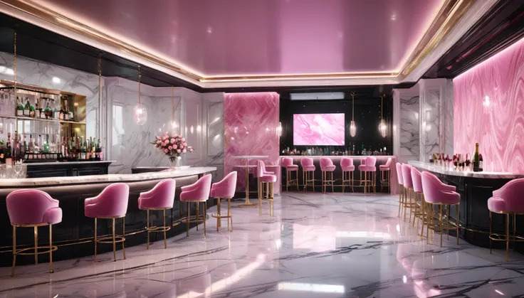 ((nightclub)), ((luxury)),　((no windows)),
(white marble walls, white marble floor, soft pink lighting,)
a bar counter with seve...