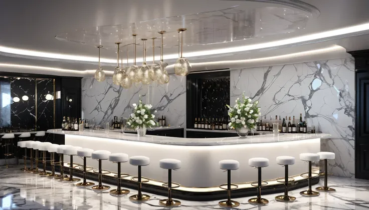 ((Nightclub)), ((Luxury)),　((no windows)),
(White marble walls, White marble floor, Soft White lighting,)
A bar counter with several White velvet chairs,
Champagne glasses on the table, White floral neon art on the wall,
sparkling atmosphere,
archviz, dark...