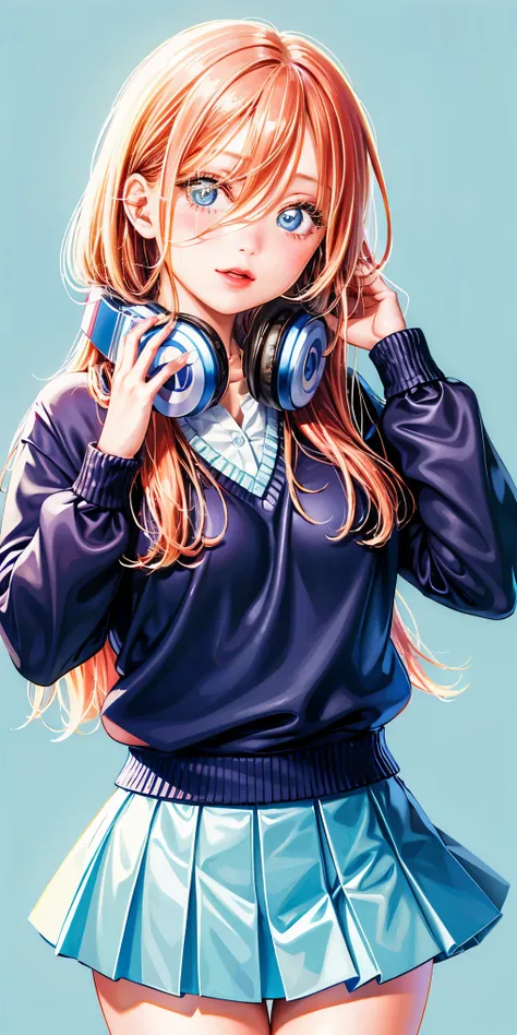 best quality, ultra high res, (photorealistic:1.4), blue eyes, looking at viewer, blush, red lips, full bust shot, eenage girl with pink red hair, one long strand of hair falling across her face, long strand of hair covering her nose, headphones down, hair...