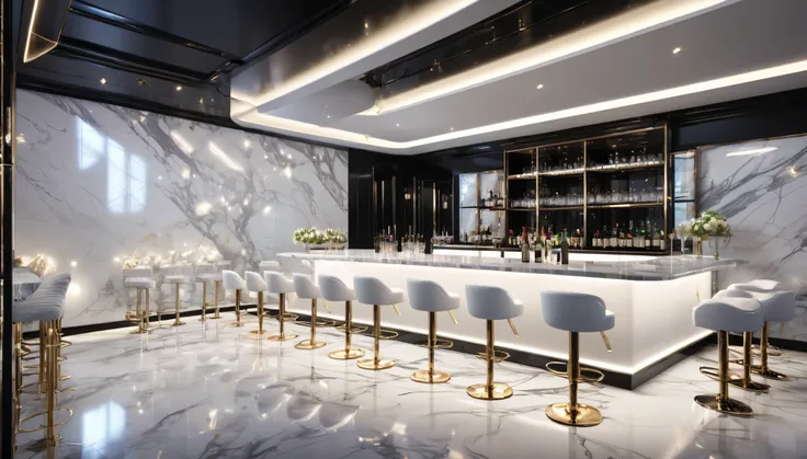 ((Nightclub)), ((Luxury)), ((no windows)),
(White marble walls, White marble floor, Soft White lighting,)
A bar counter with several White velvet chairs,
Champagne glasses on the table, White floral neon art on the wall,
sparkling atmosphere,
archviz, dark...