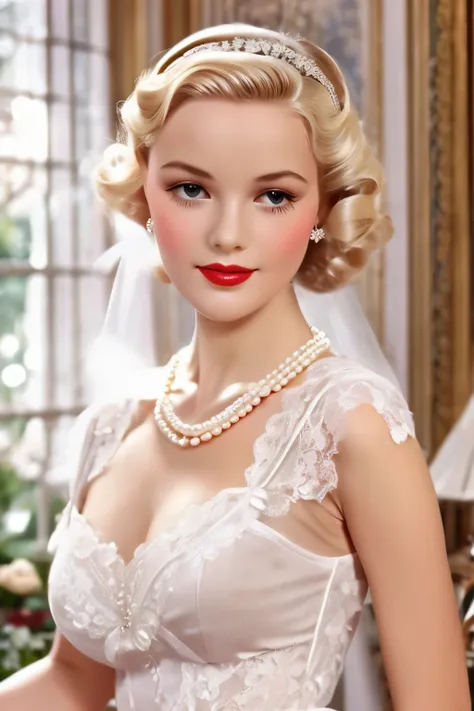 1girl, 1935 elegant french style, blonde, pearl necklace, lace and tulle