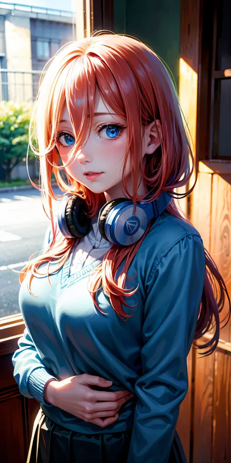 best quality, ultra high res, (photorealistic:1.4), blue eyes, looking at viewer, blush, red lips, full bust shot, eenage girl with pink red hair, one long strand of hair falling across her face, long strand of hair covering her nose, headphones down, hair...