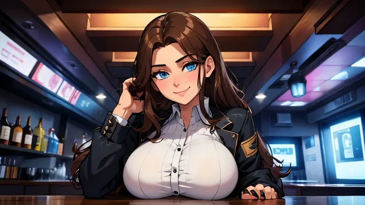 a 30 year old girl , Long brown hair. blue eyes, with big breasts, He wears a white shirt and a black jacket, She is in a bar. She has a very curious look, leaning her body forward.. with both hands under his chin, She has a lustful look. and a big smile.